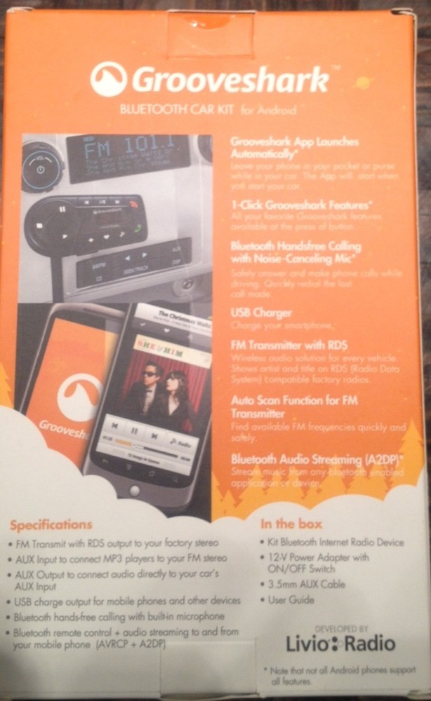 Livio Radio LVC03G Grooveshark Bluetooth Handsfree Car Kit FM Transmitter NEW