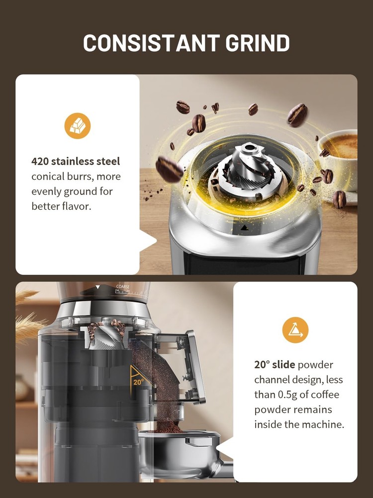 Conical Coffee Bean Grinder with 34 Grind Settings for Home Use, Precision Timer