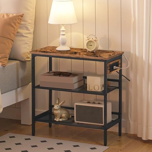 End Table, 3-Tier Narrow Side Table with Charging Rustic Brown + Black