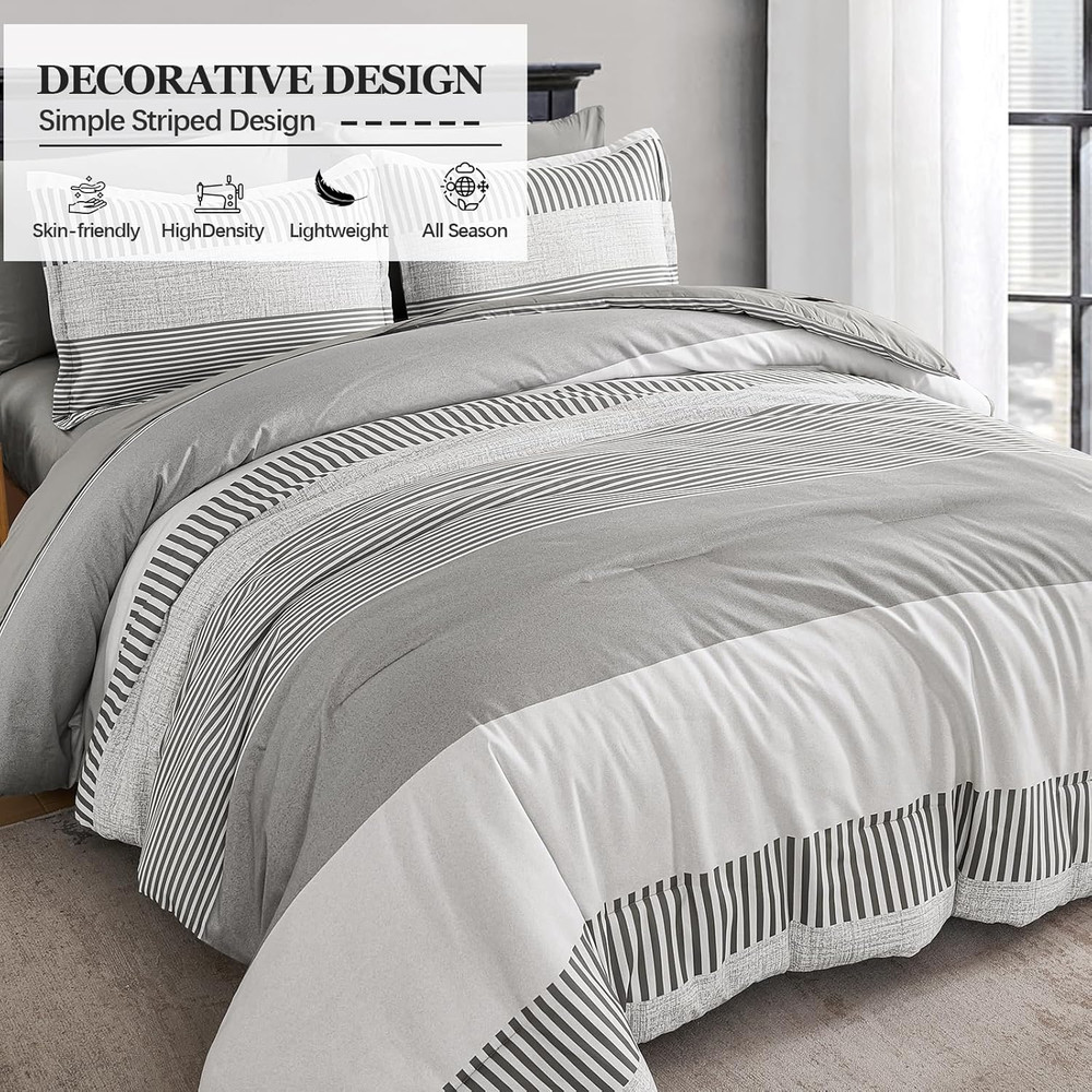 Gray Comforter Queen 7 Pieces,Classic Striped Design Comforter Set,Grey Bedding