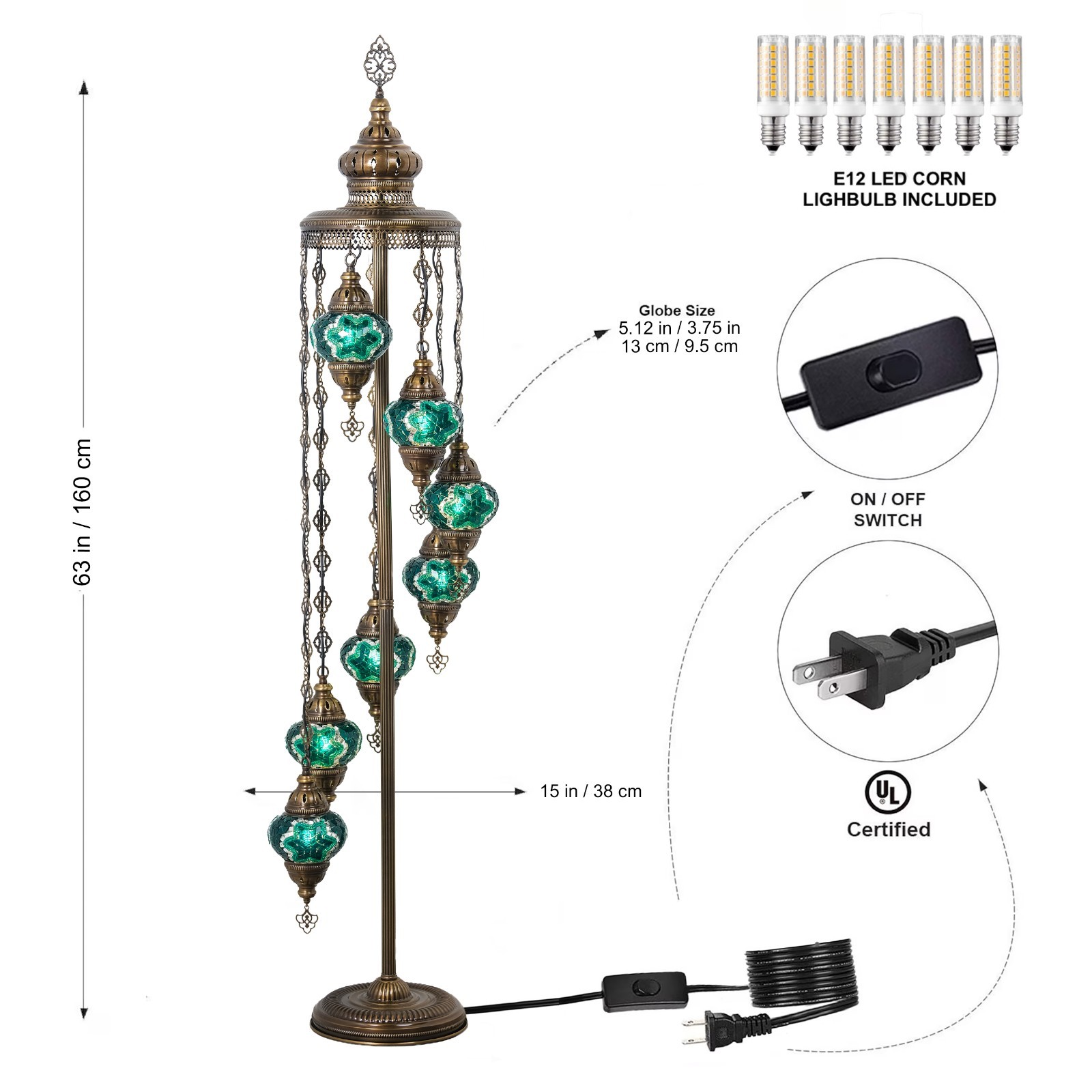 Turkish Mosaic Floor Lamp 7 Globes – 63” Tall Handmade Lamp with Bulbs Included