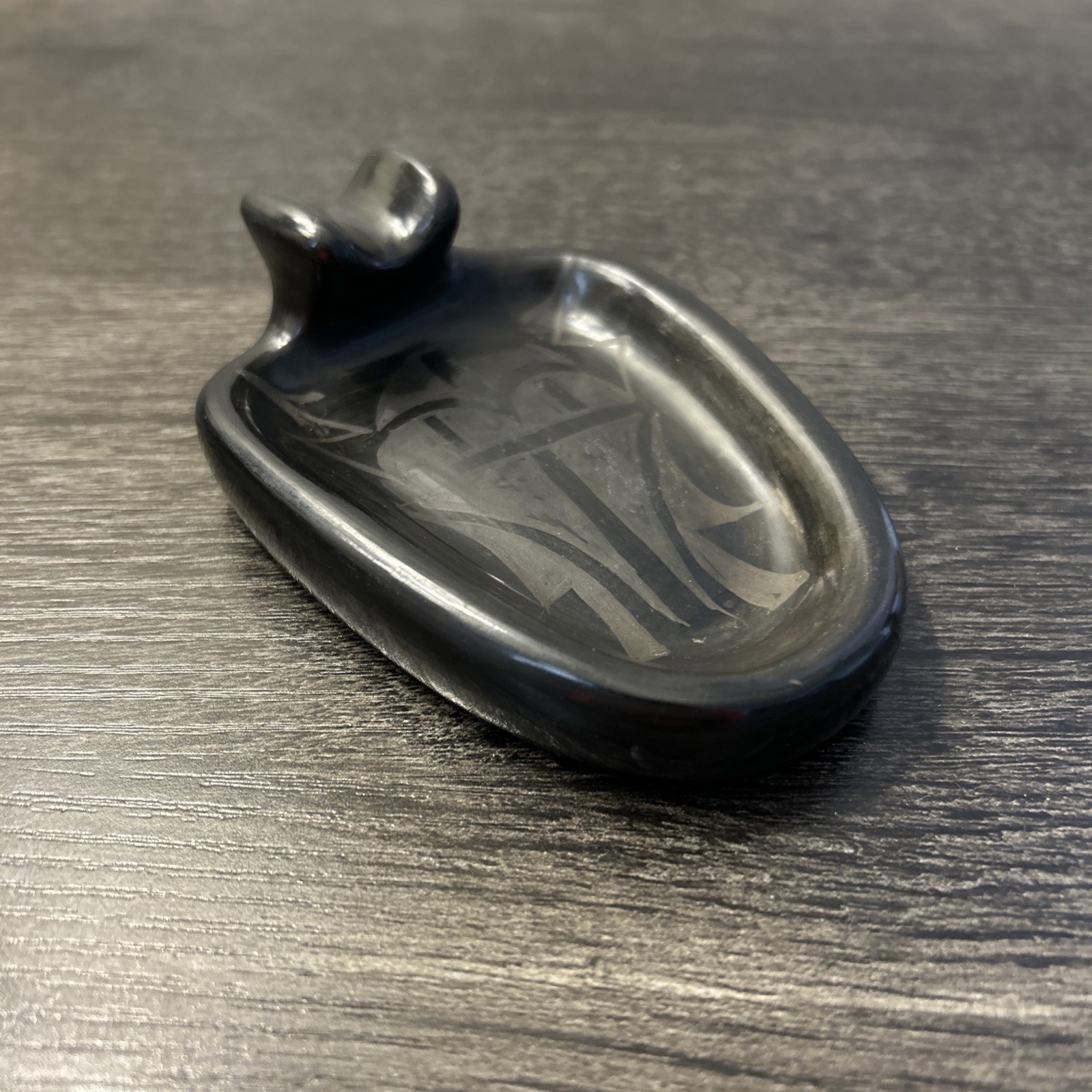 Santa Clara Pueblo Pottery Ashtray Black on Black Arrowhead Artist Signed