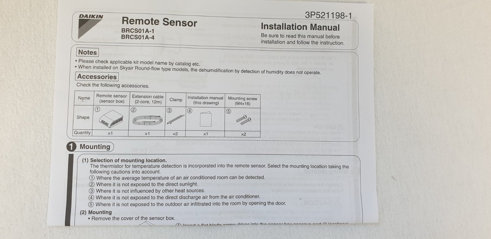 Daikin BRCS01A-4 Remote Aircon Temperature Sensor with Cable - Unused