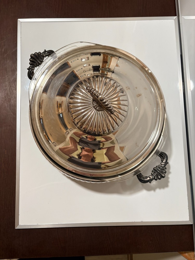 Vintage Kent Silversmiths Silverplate Covered Casserole Dish Pyrex Insert