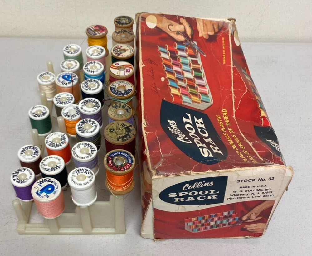 Vintage COLLINS SPOOL RACK HOLDS 32 SPOOLS OF THREAD/ WITH THREAD SPOOLS