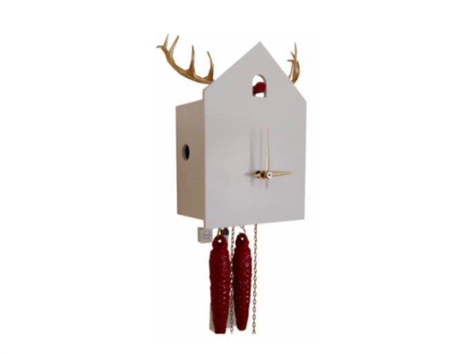 White Black Forest Cuckoo Clock w/ Gold Deer Anters, Handmade Solid Wood Clock