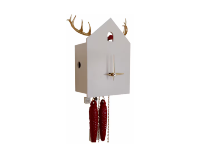 White Black Forest Cuckoo Clock w/ Gold Deer Anters, Handmade Solid Wood Clock