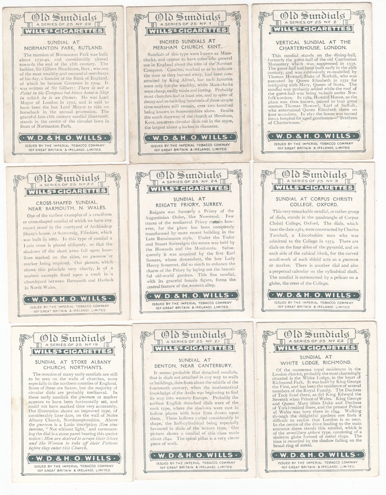 Complete Set of 25 Vintage SUNDIALS Cards from 1928