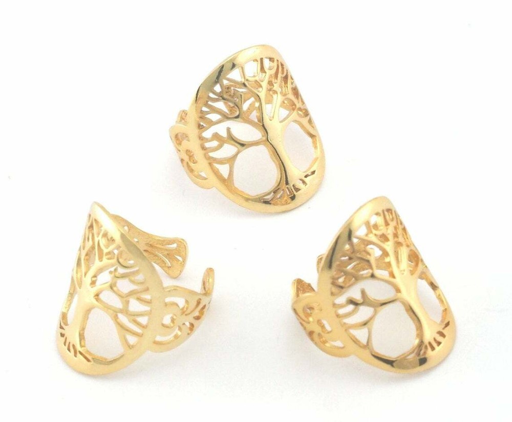 Tree oval statement adjustable ring Shiny Gold Plated brass 5-8US size 4339
