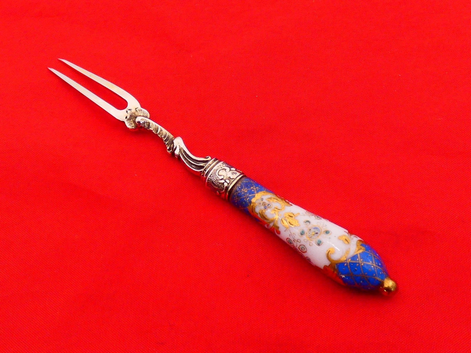 Antique Germany Silver & Painted Porcelain Cheese Pick TD-11