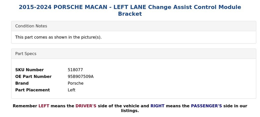 2015-2024 PORSCHE MACAN - LEFT LANE Change Assist Control Module Bracket