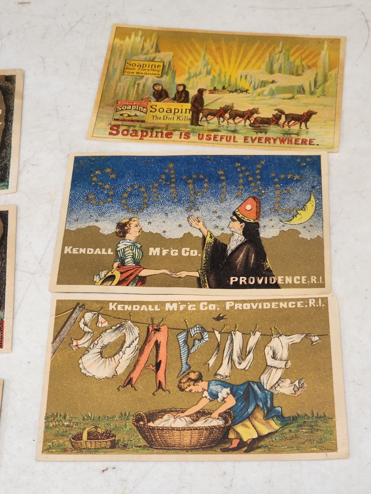 LOT OF 7- ANTIQUE VICTORIAN SOAPINE FRENCH LAUNDRY TRADE CARDS KENDALL MFG RI