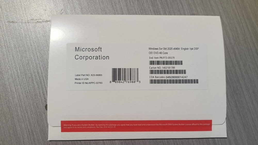 Microsoft Windows server 2025 Standard 64Bit 48 Core DVD+ Key Sealed