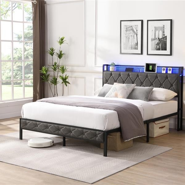 Full Bed Frame Storage Headboard with Charging Station&LED Lights Dark Gray NEW