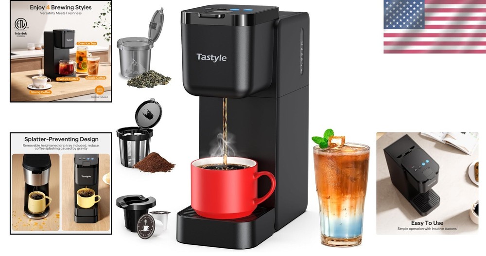 Versatile Coffee Maker for K-Cups and Tea - Compact, Splash-proof, 4 Brew Styles