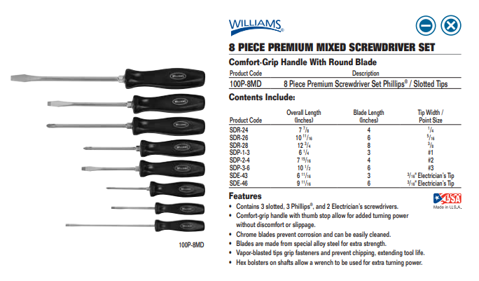 Williams 100P-8MD 8-Piece Premium Mixed Screwdriver Set