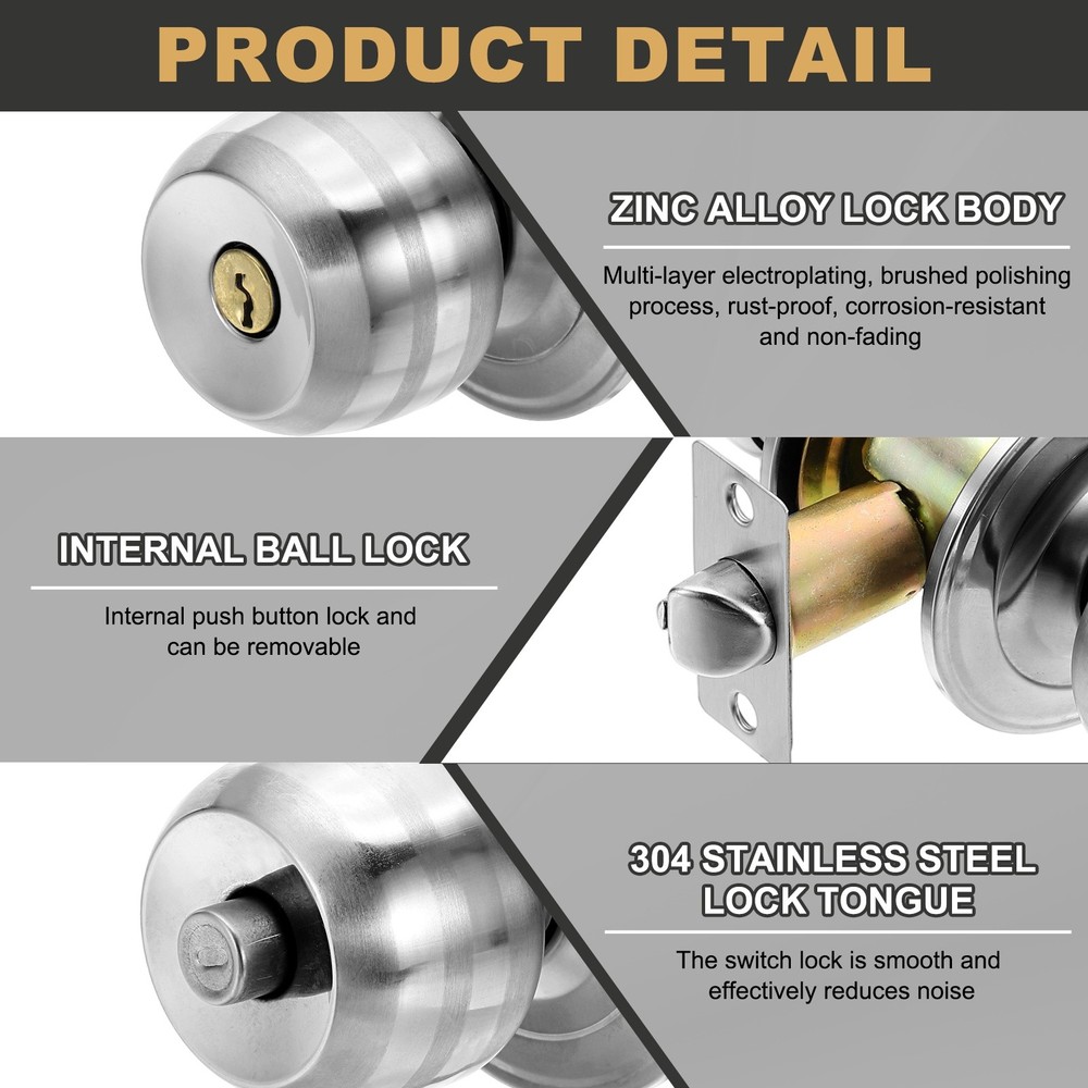 Keyed Entry Door Lock Knobs Stainless Steel Round Lock 60mm (2-3/8") Backset