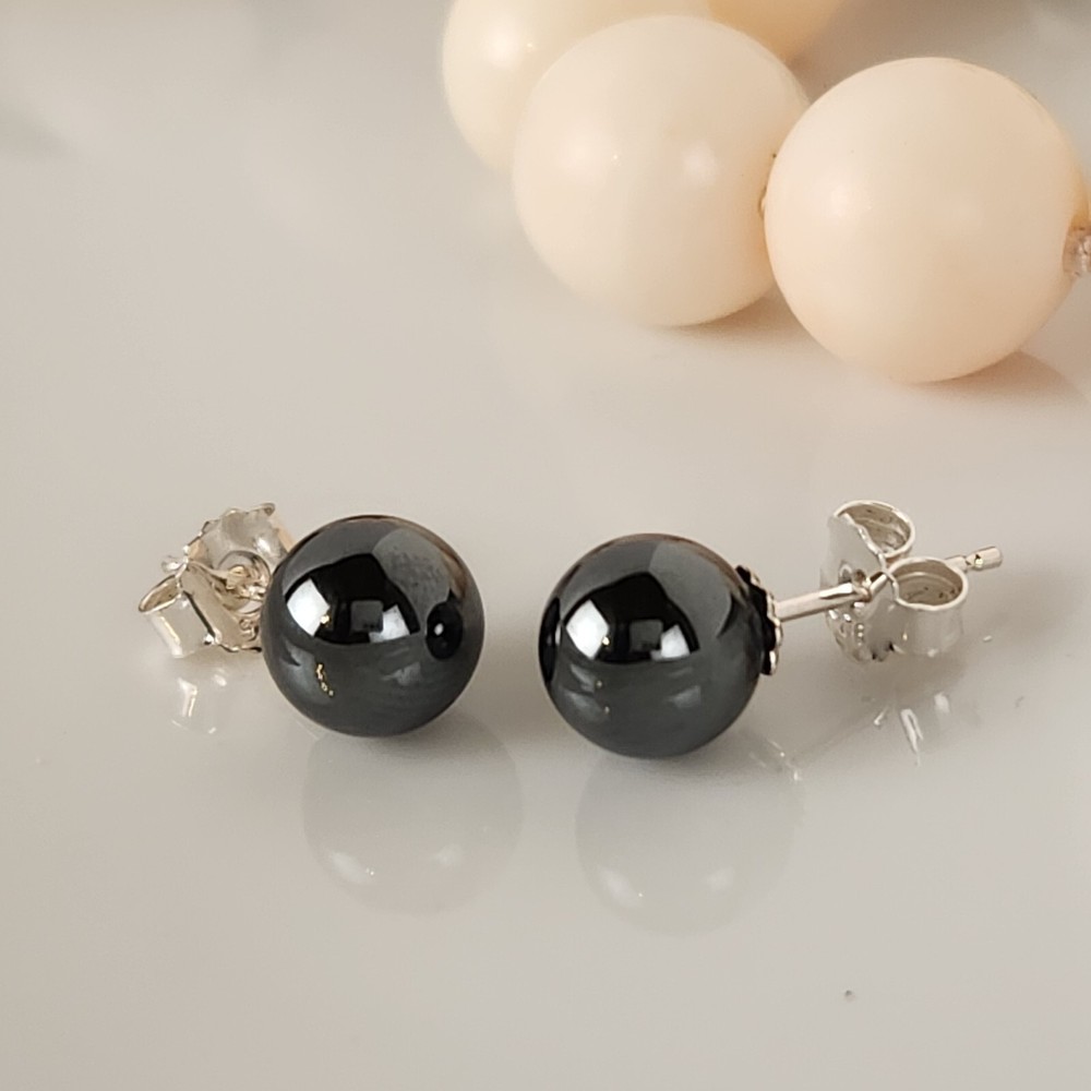 Natural Hematite 8mm Ball Fluted Stud Earrings IN Solid 925 Sterling Silver