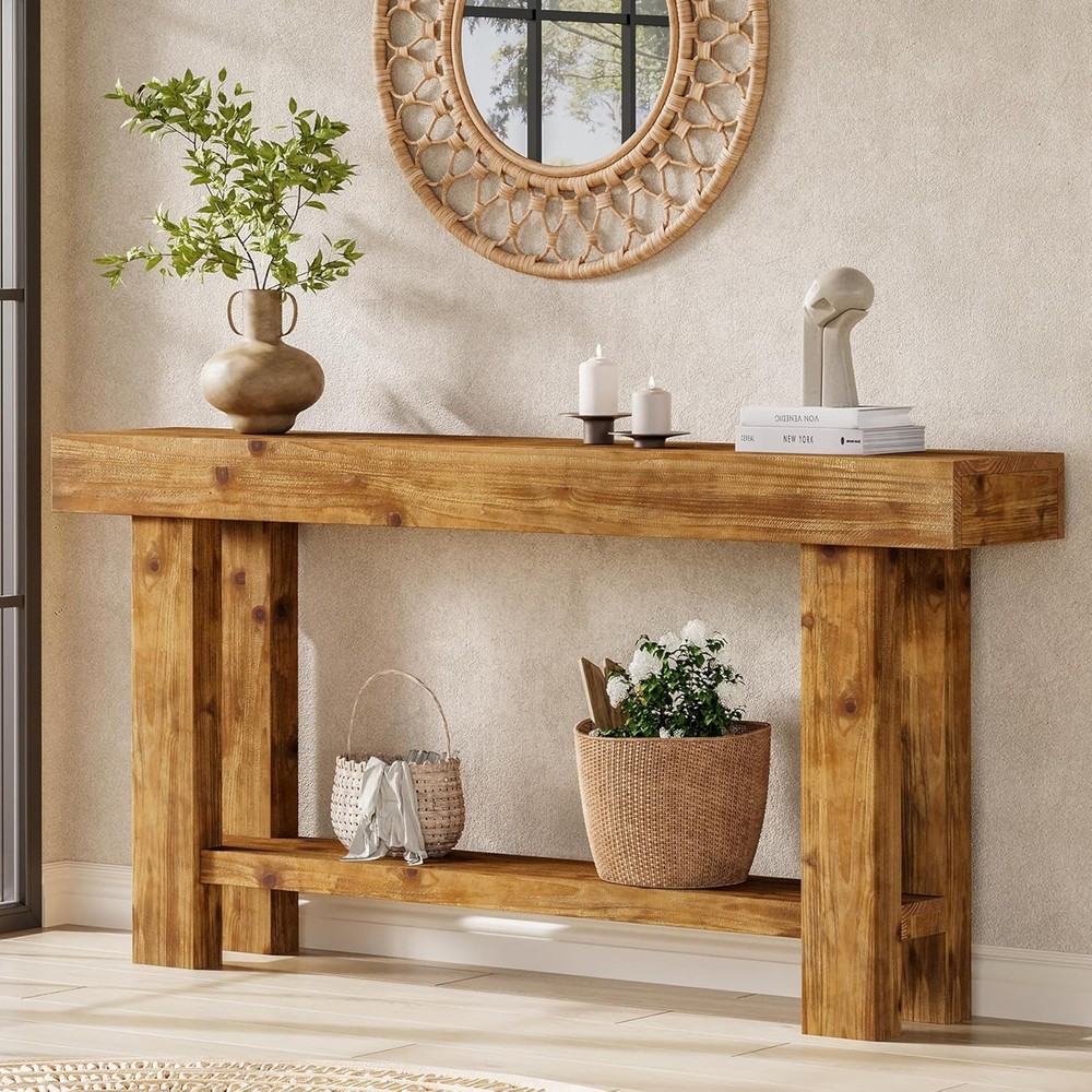 63'' Solid Wood Console Table Farmhouse Narrow Entryway Sofa Table with Storage