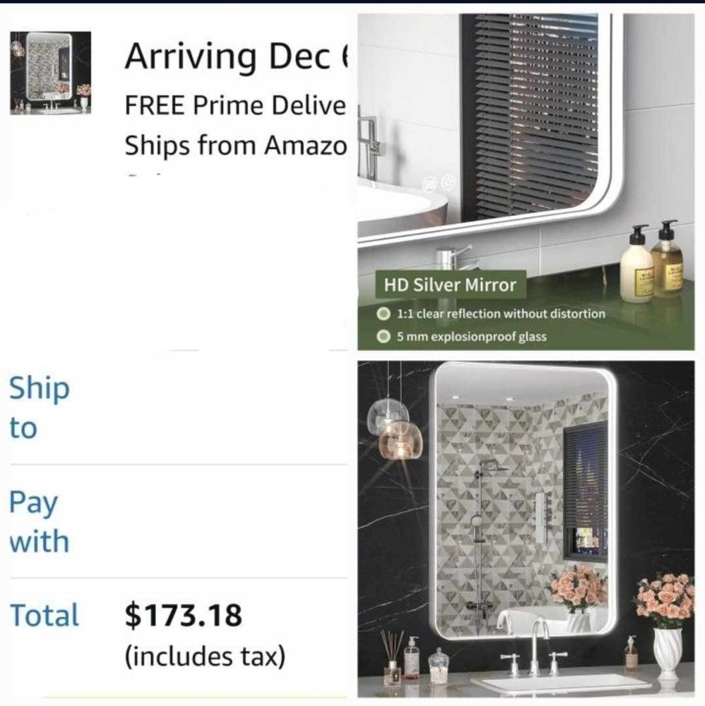 New 16" x 24" LED Bathroom Mirror with Lights, Rounded Rectangle Silver Frame...