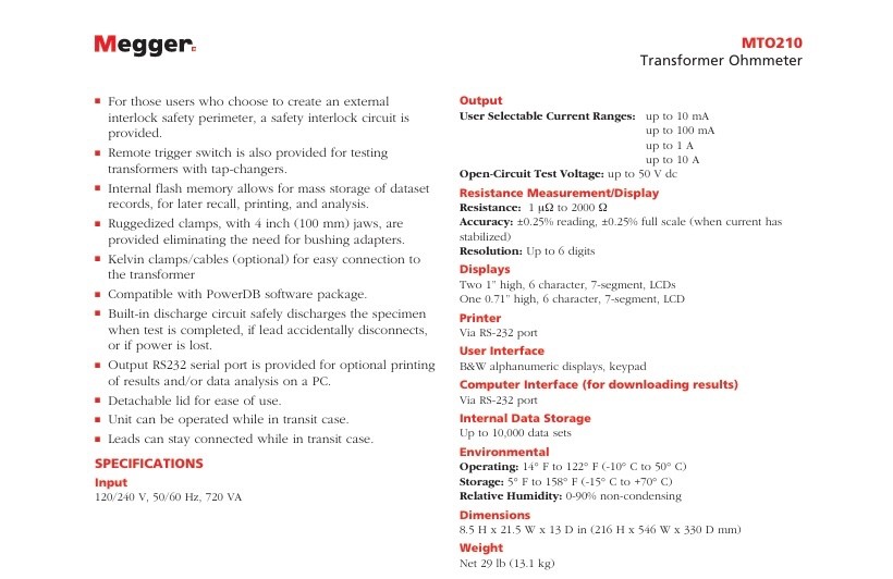 Megger MTO210 Transformer Ohmmeter
