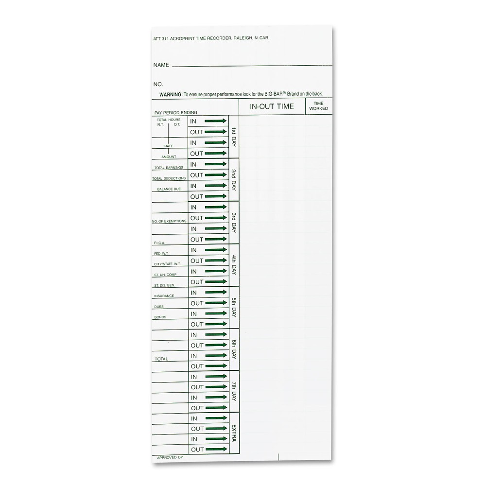 Acroprint Time Card for Model ATT310 Electronic Totalizing Time Recorder, Weekly