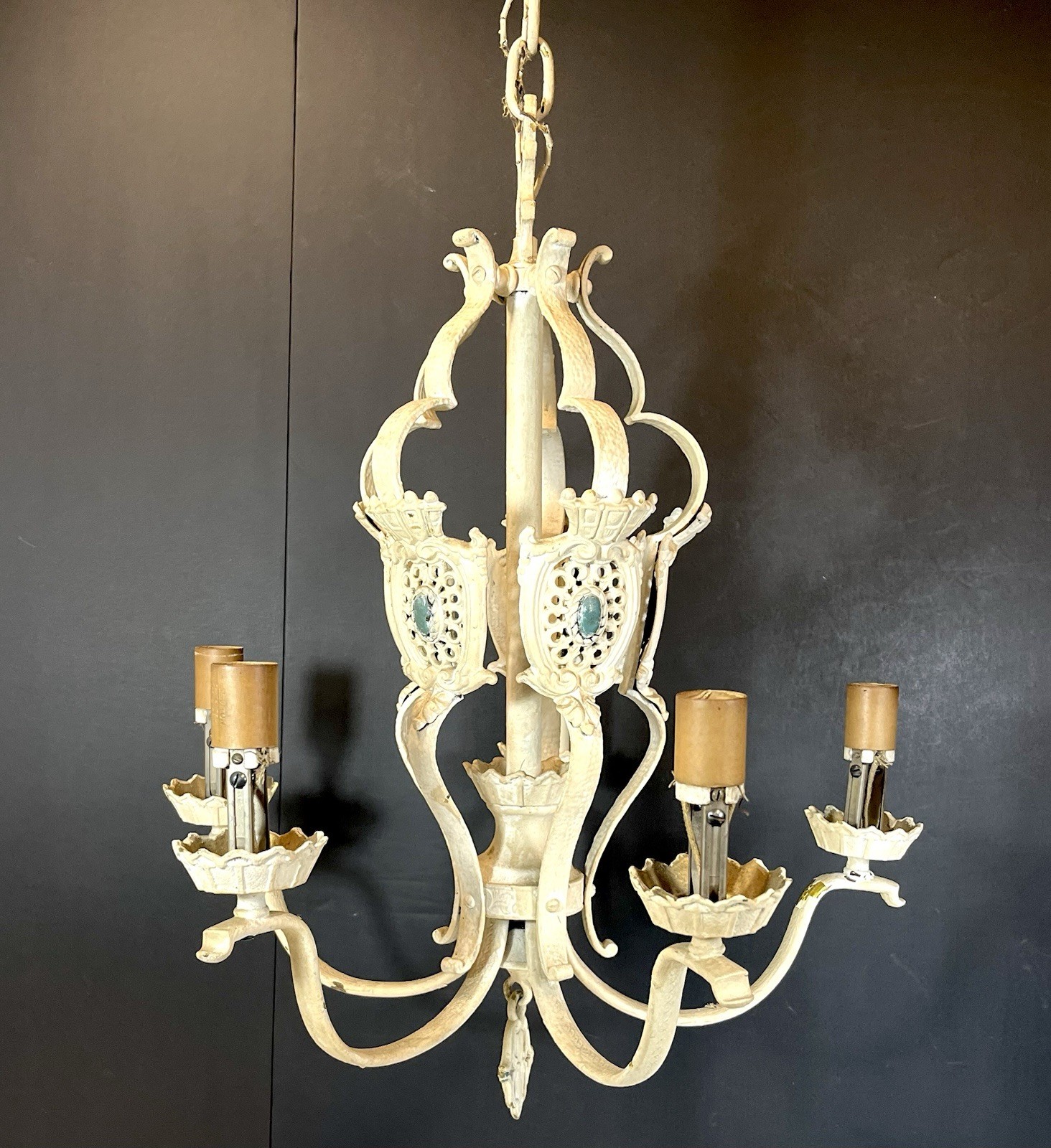 Antique Victorian Gothic Brass Chandelier, 5 Lights, Painted Needs REWIRED