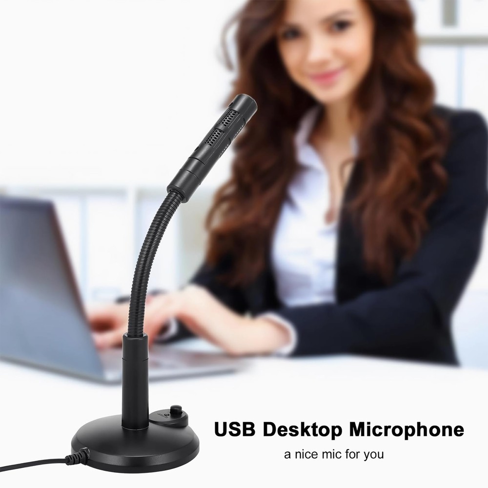 USB Computer Microphone, 1.5M USB Cable, Mute Button, Black | 360° Flexible