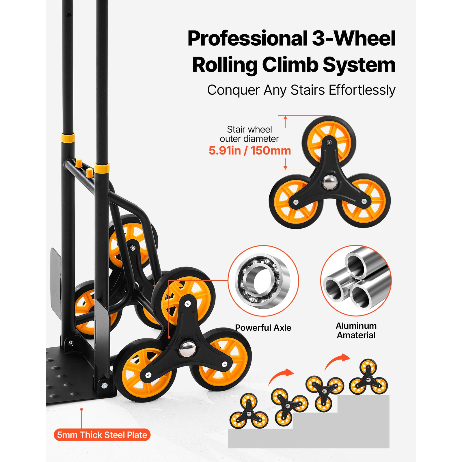 Uimoso Stair Climbing Trolley Cart with 330 lbs Capacity,6 Wheels & 2 Ropes