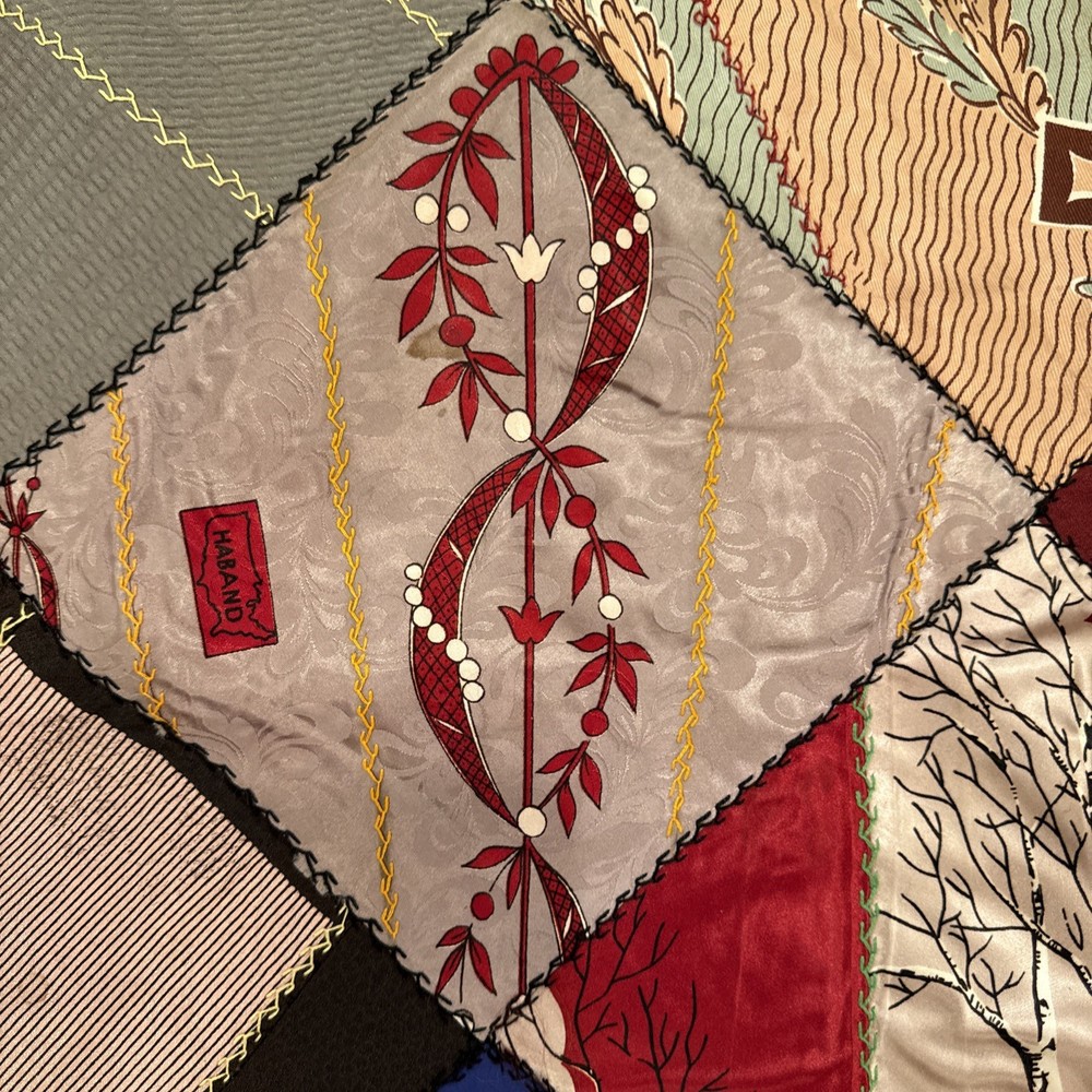 Vtg Silk Patchwork Crazy Quilt Hand Embroidered Signed 1958 Tice
