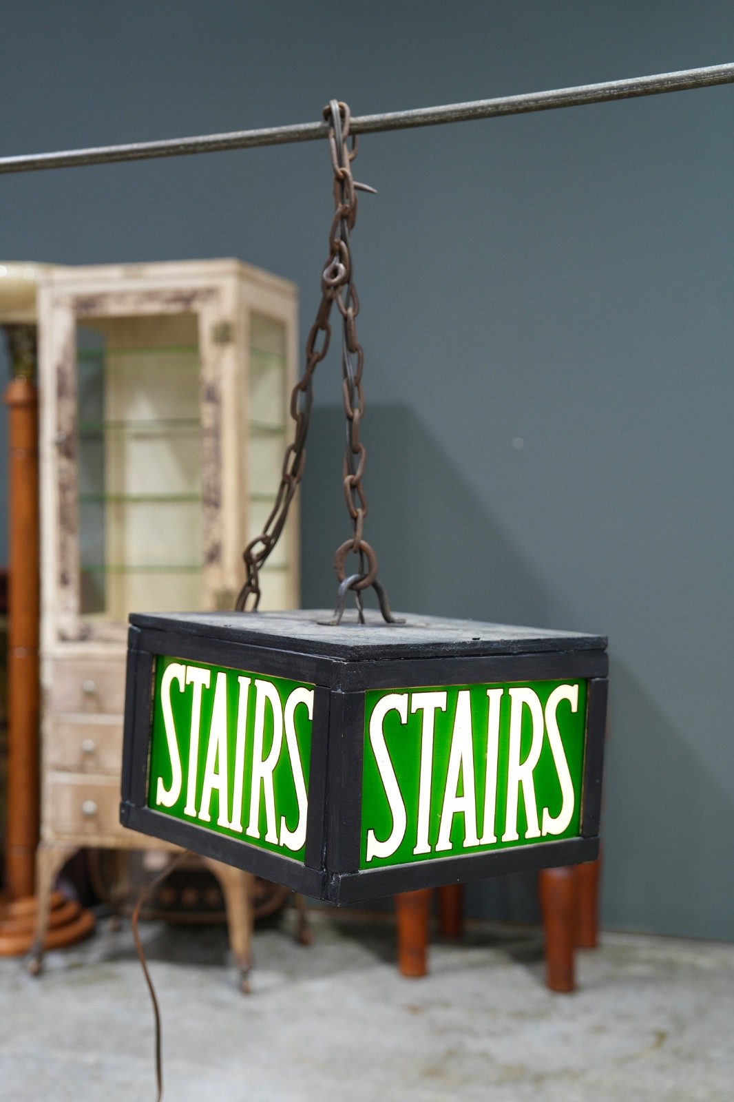 Vintage Stairs Lighted Sign Reverse Painted Glass Green Exit Light Stairway