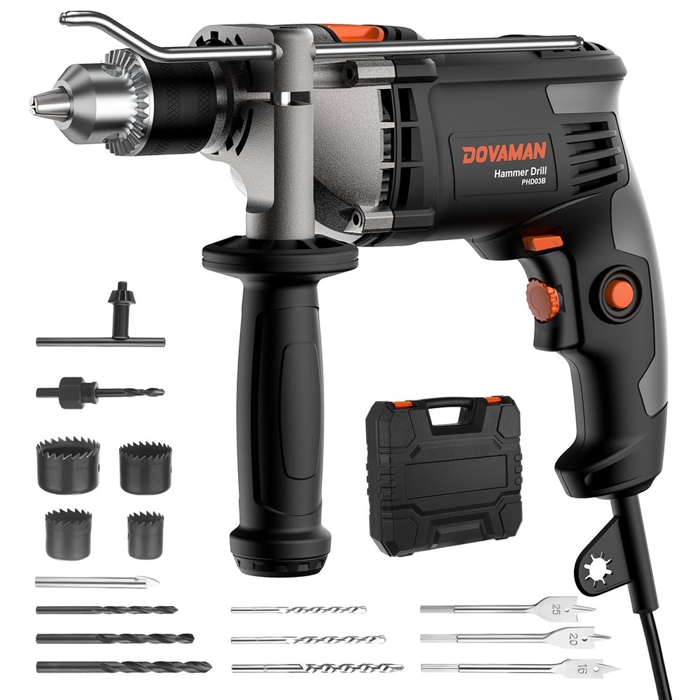 DOVAMAN PHD03B 7.5A Corded Hammer Drill, 1/2'' Impact Drill with Variable Spe...