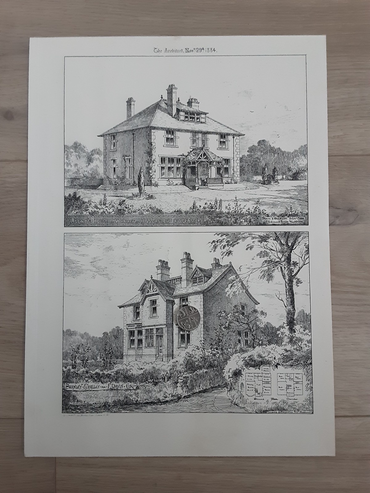 Antique Print Whalley Lancashire Houses Architect Original 1884