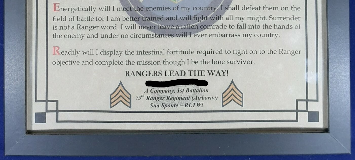 MC-NICE: ARMY Ranger Creed ALL UNITS Framed PERSONALIZED