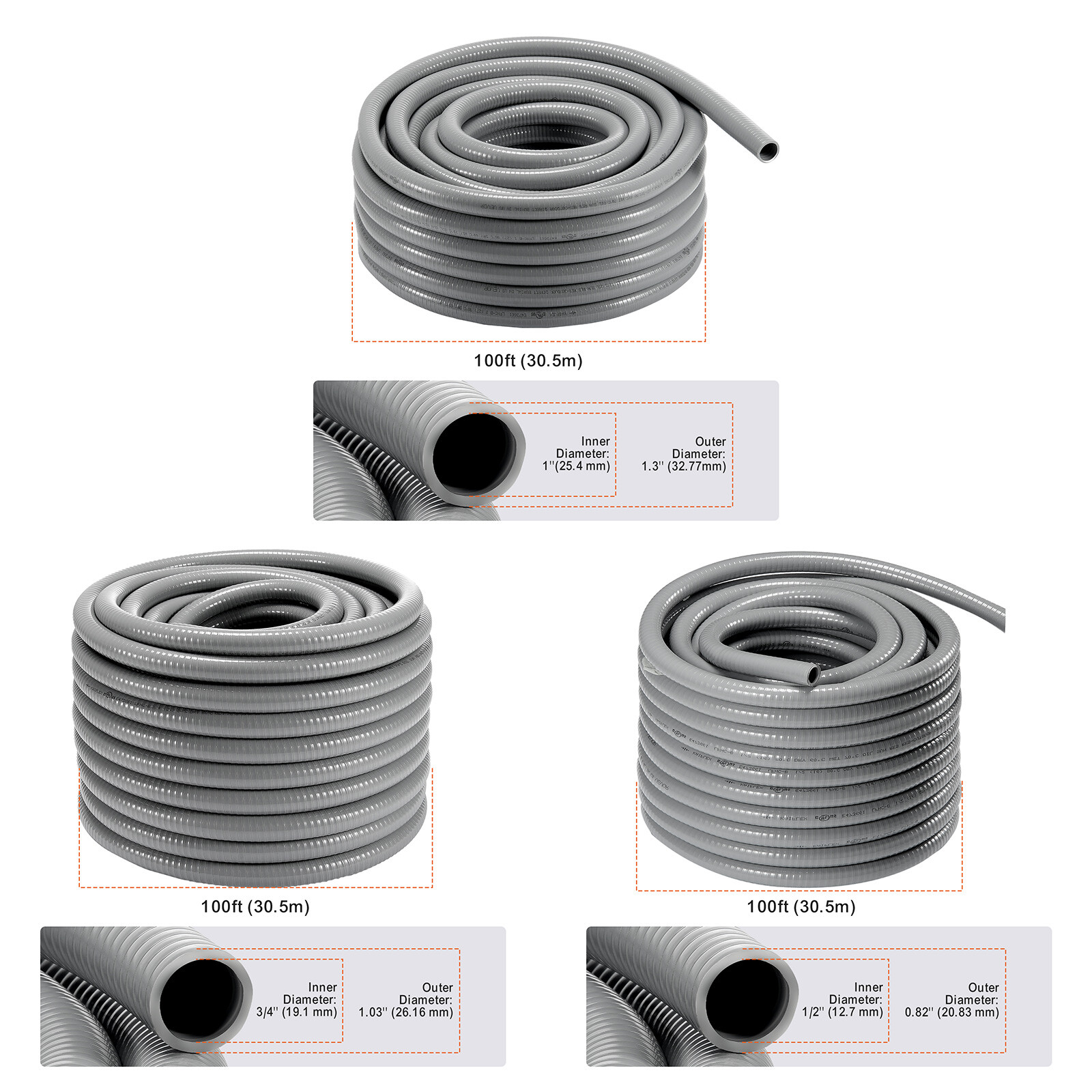 VEVOR 100FT Flexible Liquid-Tight Electrical PVC Conduit Non-Metallic 1/2 - 1in