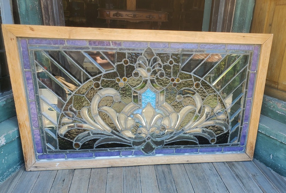 GREAT ANTIQUE STAINED BEVELED GLASS WINDOW