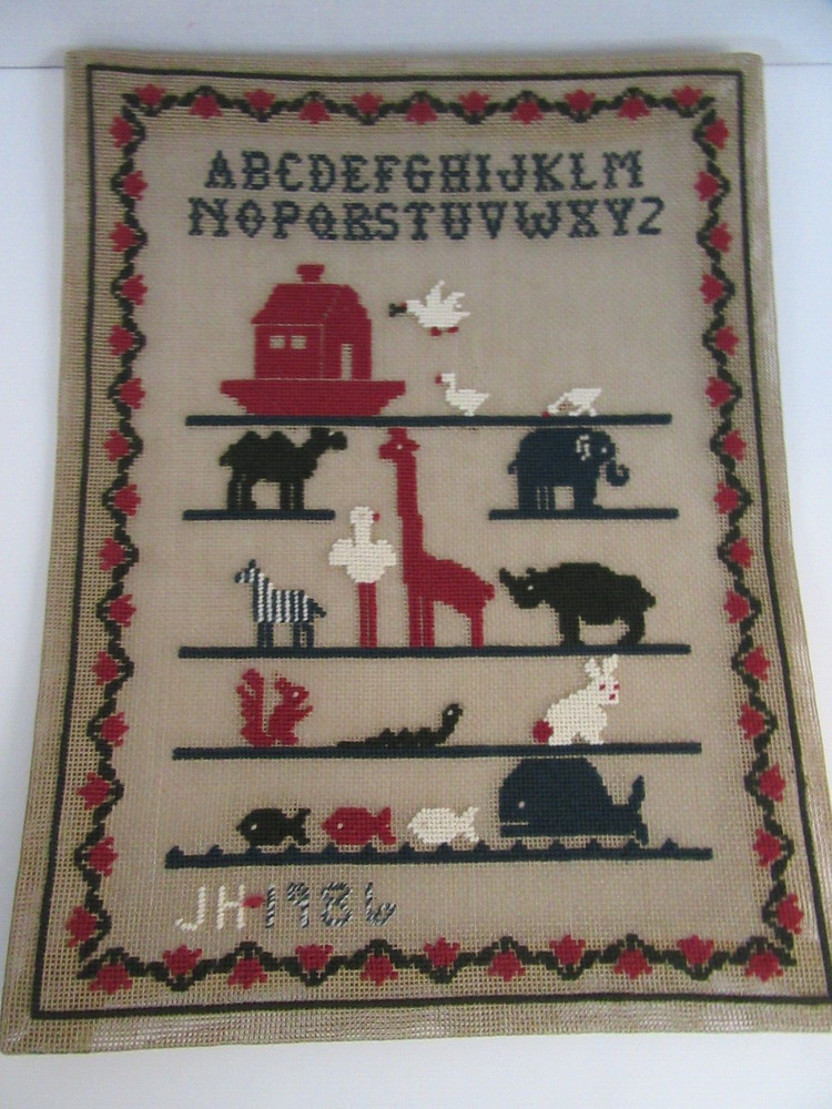 Finished Needlepoint Sampler Noahs Ark Completed 13x17 Primitive Bible