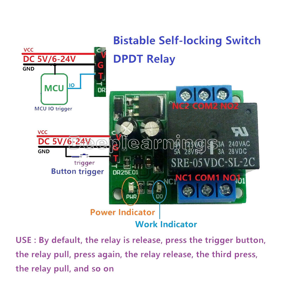 DC 5V or 6-24V Double Pole Double Throw DPDT Self-locking Bistable Relay Module
