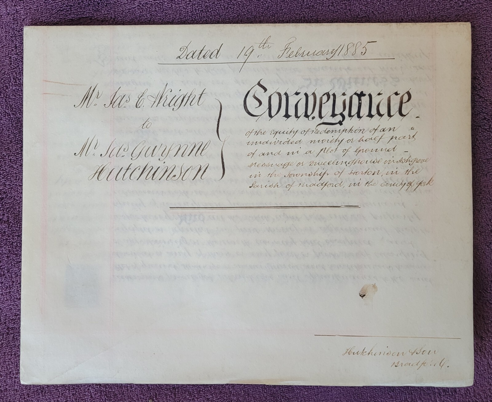 1885 Vellum Indenture. J.Wright. To J. Hutchinson Re: Ashgrove, Horton, Bradford