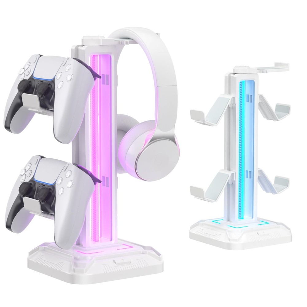 RGB Headset Stand with 9 Light Modes - Controller Holder for Desk - Rotatable...