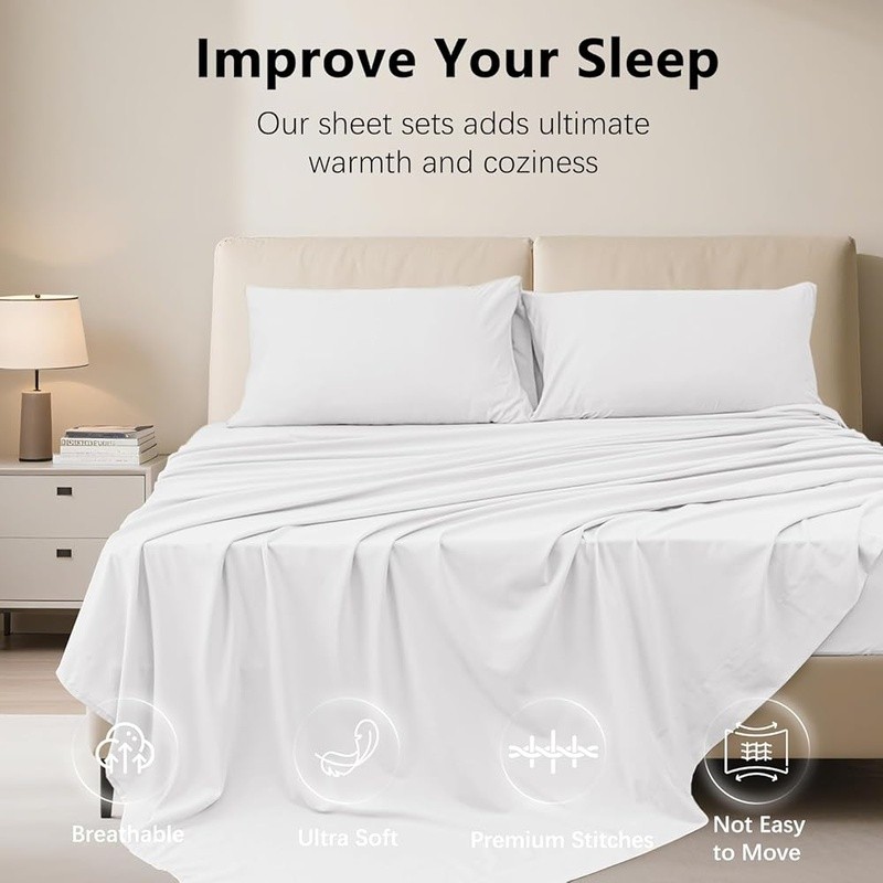 Soft Cotton Bedding Set Deep Pocket Fitted Sheet Pillowcases Machine Washable US