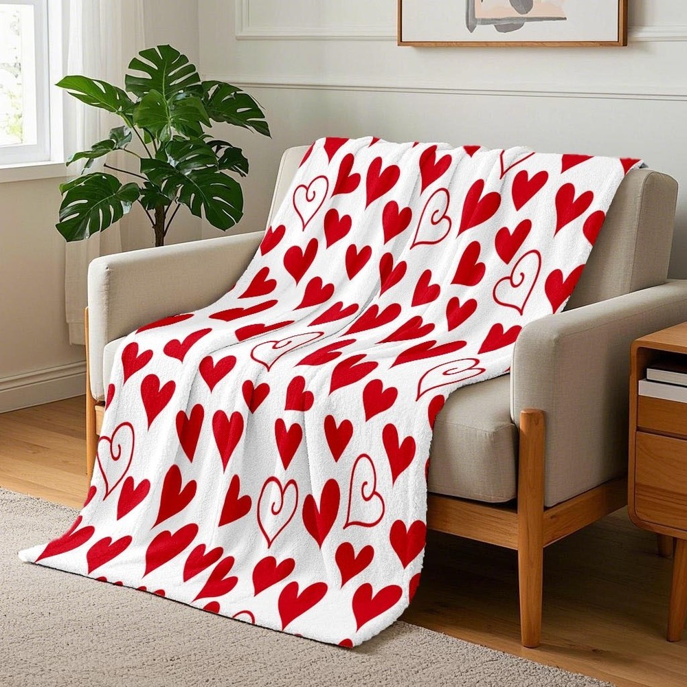 1pc Valentine's Day Romantic Heart - Patterned Flannel Throw Blanket Available √
