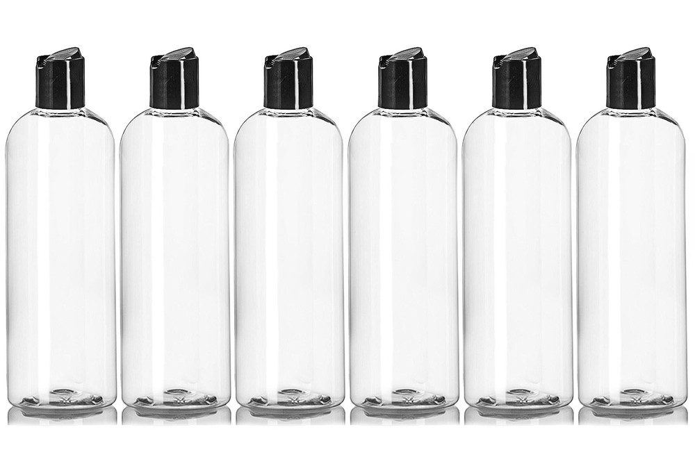 16 oz Clear Plastic Empty Bottles with Black Disc Top Caps, Squeezable Refill...