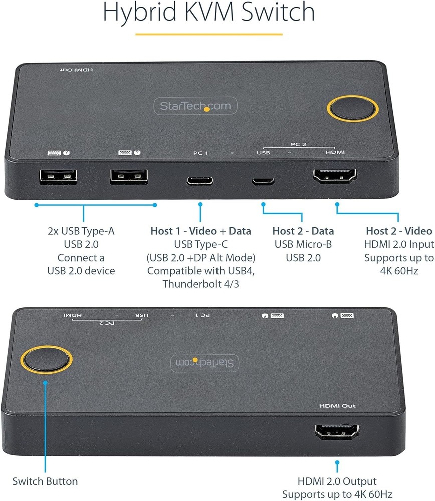 USB Bus Powered KVM Switch - 2 Port with 4K 60Hz HDMI for Multi-Device Use