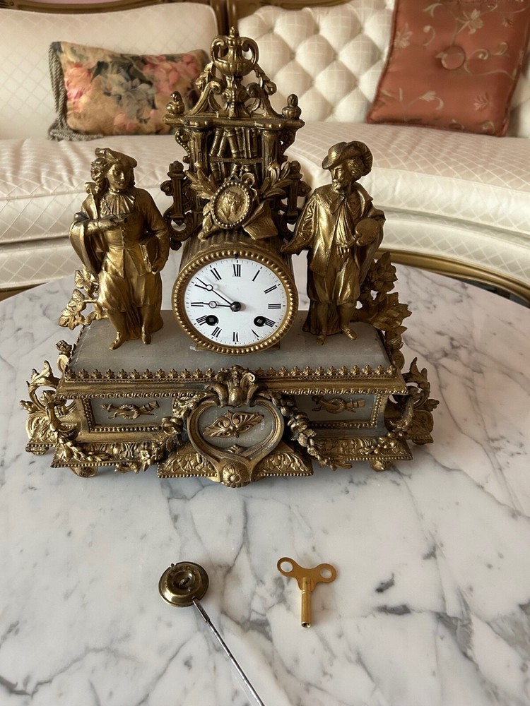 French Romantic Gilded Table clock double statue painter poet alabaster base