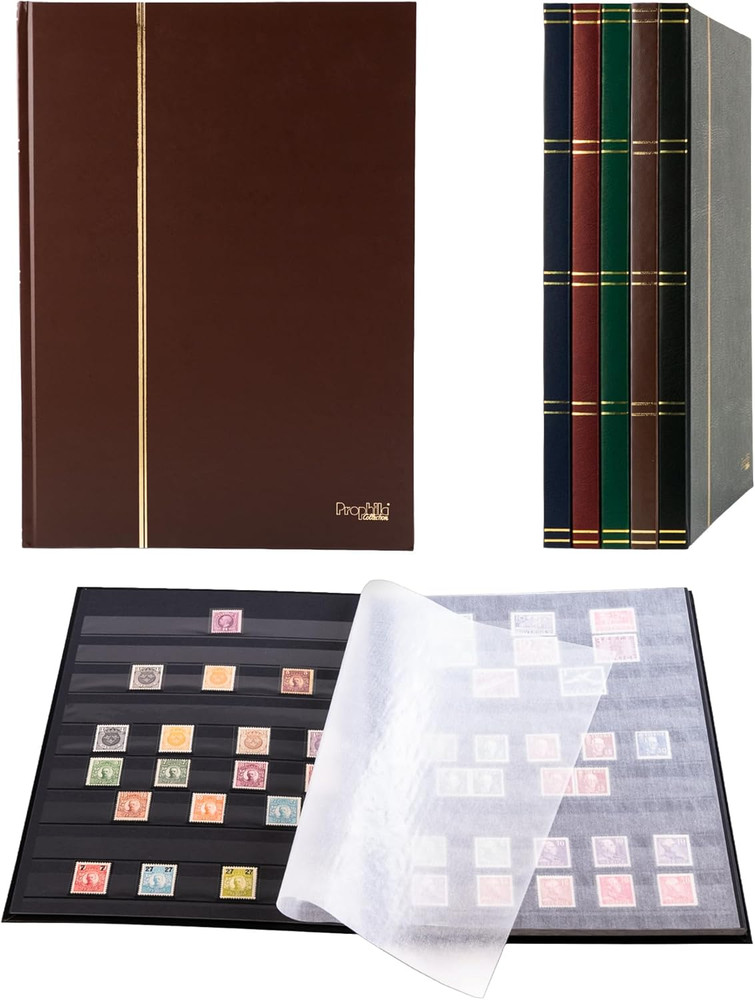 Prophila Stamp Album (New) 16 Black Sides, Brown Cover