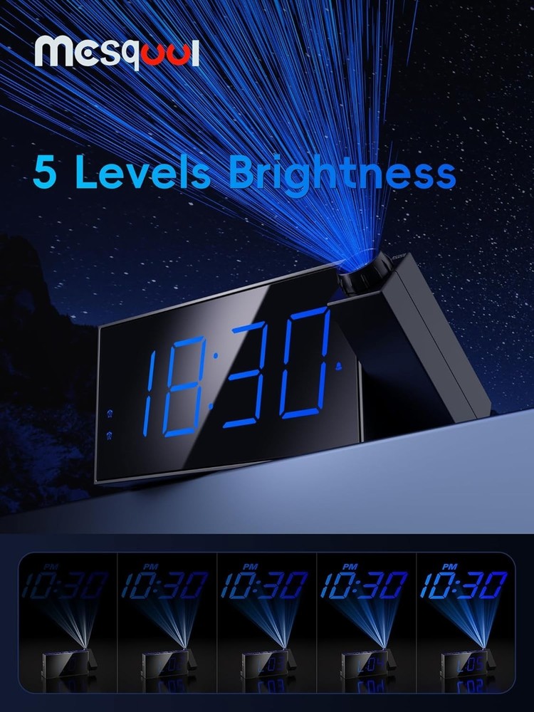 Adjustable Brightness Projection Clock with Snooze and Daylight Saving Functions