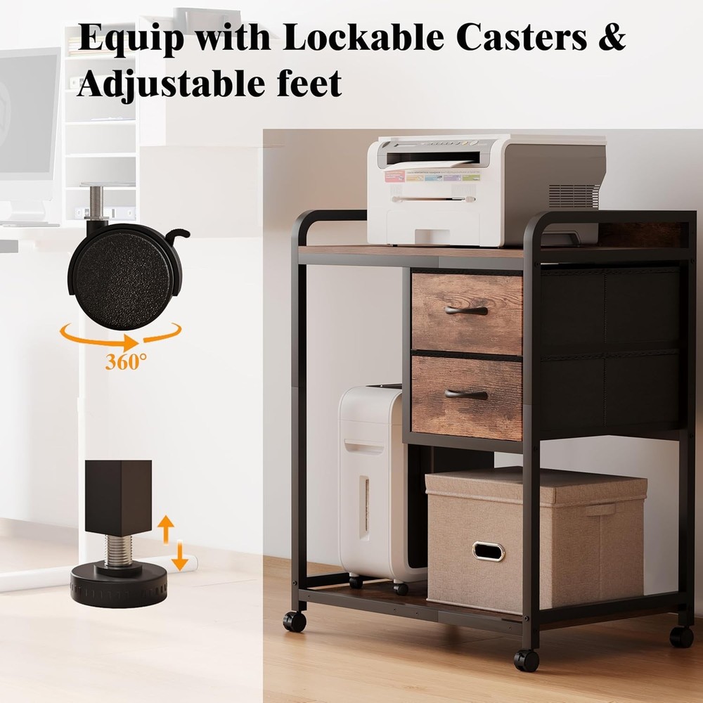 Large Printer Stand W/ 2 Fabric Drawers Mobile Printer Table W/ Wheels &