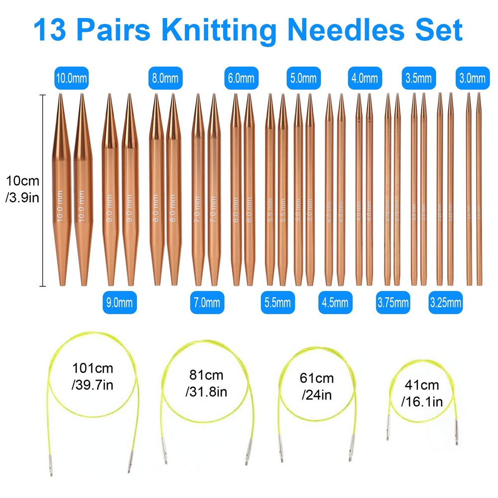 Interchangeable Circular Knitting Needle Kit w/ 13 Sizes 4 Cables Needles 3–10mm