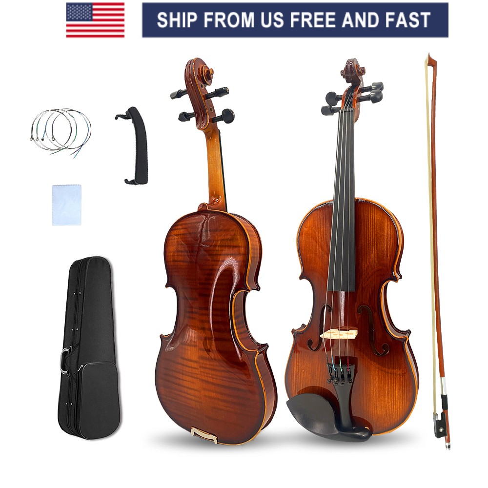 Portable 4 String Violin Kit 4/4 Full Size Solid wood Tiger Pattern With Case